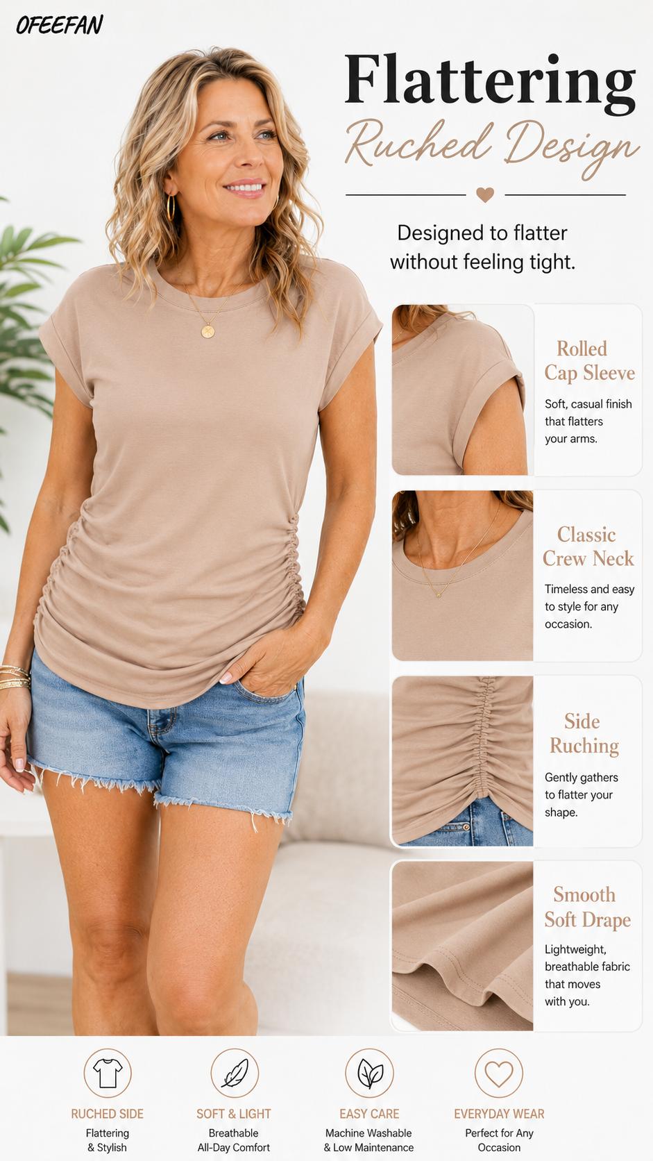 OFEEFAN Womens Summer Tops Trendy 2025 Ruched Cap Short Sleeve Tshirts Shirts Crew Neck T Shirts Fashion OFEEFAN Womens Summer Tops Trendy 2025 Ruched Cap Short Sleeve Tshirts Shirts Crew Neck T Shirts Fashion