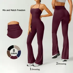 TimeOFF Women's Halter Neck Bodycon Flared Leg Jumpsuit – Stylish & Comfortable for Fitness & Fashion,Stylish & Comfortable Athleisure Outfit, Butt Lifting, High Waist Workout Gym Clothing Stretchable Activewear,jumpsuit women