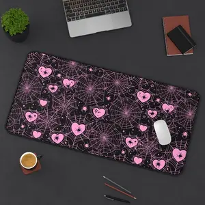 White or Pink Spiderweb Hearts Desk Mat | Pastel Kawaii Gothic Emo Cute Computer Laptop Office Tech Gaming Setup Mouse Pad Gifts Presents