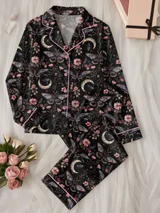 Night Garden Mystical Moth Magic Witchy Floral Satin Pajama Set, Halloween Magic Witchy Floral Pajama Sleepwear, Nighwear Set for Her