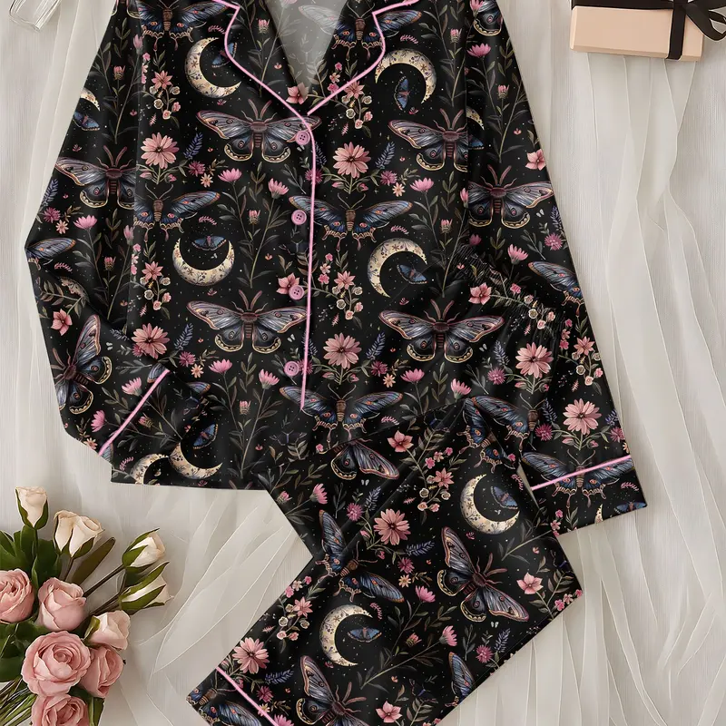 Women's Polyester Satin Mystical Moth Witchy Floral Print Pajama Set - Adjustable, Elastic Style Nightwear for Halloween Sleepwear