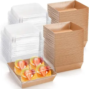 100 Pack Charcuterie Boxes with Clear Lids, 5.4"*5"*2.5" Paper Bakery Dessert Sandwich Box, Disposable Square Food Containers for Cookies, Donuts, Muffins, Salad, and Pastry, Brown