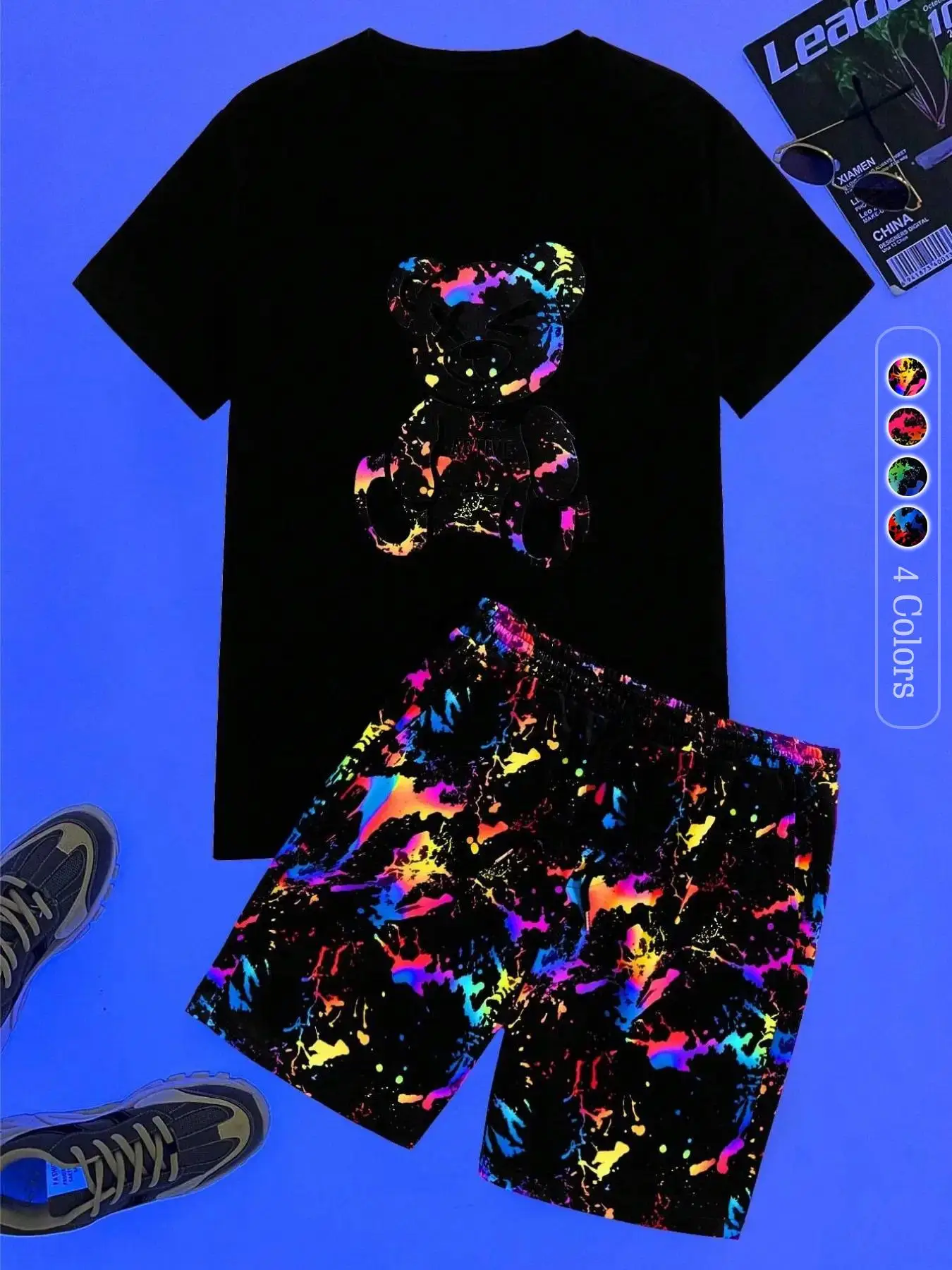 Two-Piece Set Men's Regular Fit Reflective Cartoon Bear Print Short Sleeve Tee & Pocket Elastic Waist Shorts Set, Casual Round Neck T-shirt & Track Sh