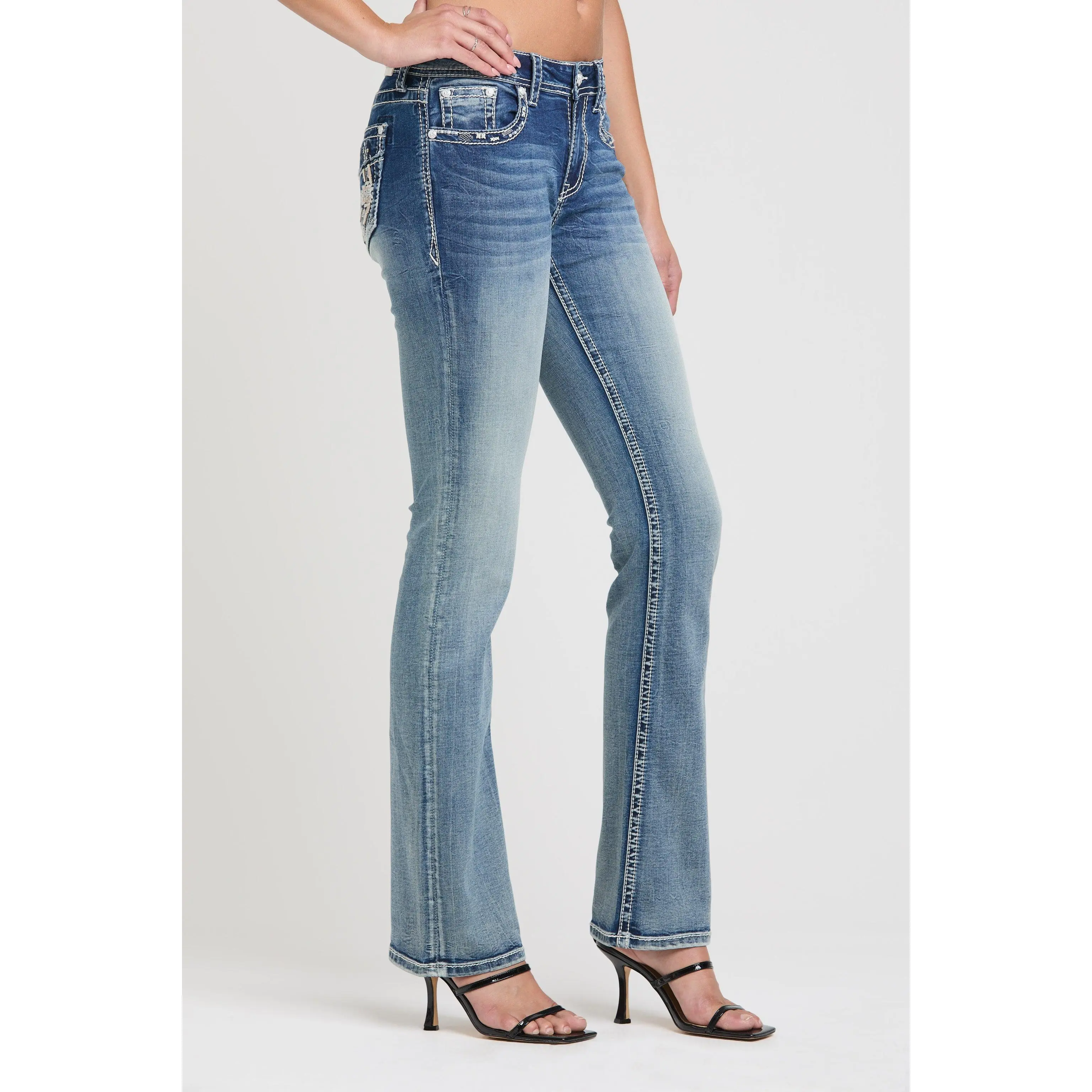Horseshoe Floral Embroidered Bootcut Jeans Women Mid Rise Medium Light Wash Western Leather Denim