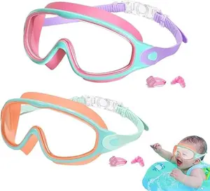 Kids Swimming Goggles, 2 Counts/set Anti-fog Goggles with Earplugs, Wide Vision Design Comfortable Silicone Material Goggles for Boys & Girls, Diving Swimming Goggles for Pool Beach Training Water Sports Use