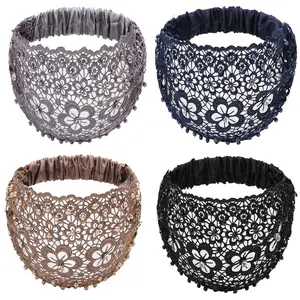 lace hair headband 4 Pack Floral Pearl Lace Headbands for Women Wide Elastic Hair Accessories Boho Fashion Headwraps Hollow Five-Petal Flower Design Non-Slip Hair Bands