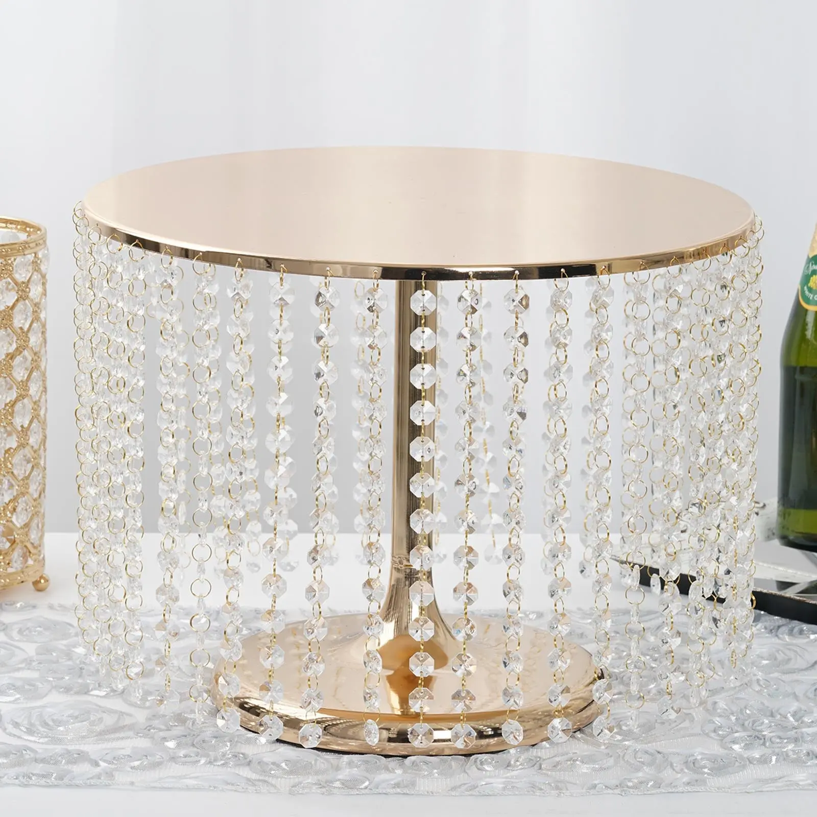 Metallic Gold Round Metal Cake Stand - 14" Dia, 12" Tall Glamorous Cupcake Dessert Pedestal with Crystal Chains for Birthday Cake Decorations, Wedding, Dessert Stands, Cake Display Stand