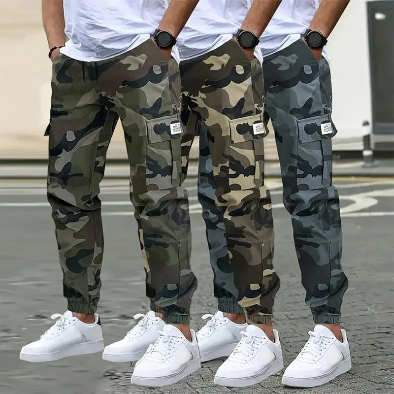 Men's 3-Pack Fitted American Style Camo Print Cargo Pants - Menswear, Utility & Military Style, Multi-Cargo Pockets, Stretch Waist, Heavy Duty Tapered, Comfy Elastic for Daily & Work Casual