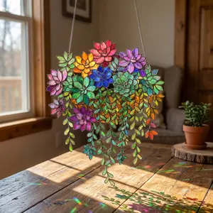 Succulent Acrylic Suncatcher, Stained Glass Hanging Plant Decor, Rainbow Window Sun Catcher, Boho Succulent Ornament, Colorful Garden Sun Catcher, Gift for Plant Lovers, Cottagecore Home Decor