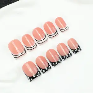 10 square handmade nail tips, bare French pointed pressed nails, black and white polka dot and stripe design, hand-painted elements, vintage Y2K fake nails, reusable fake nail glue set, perfect for daily style and retro party styling
