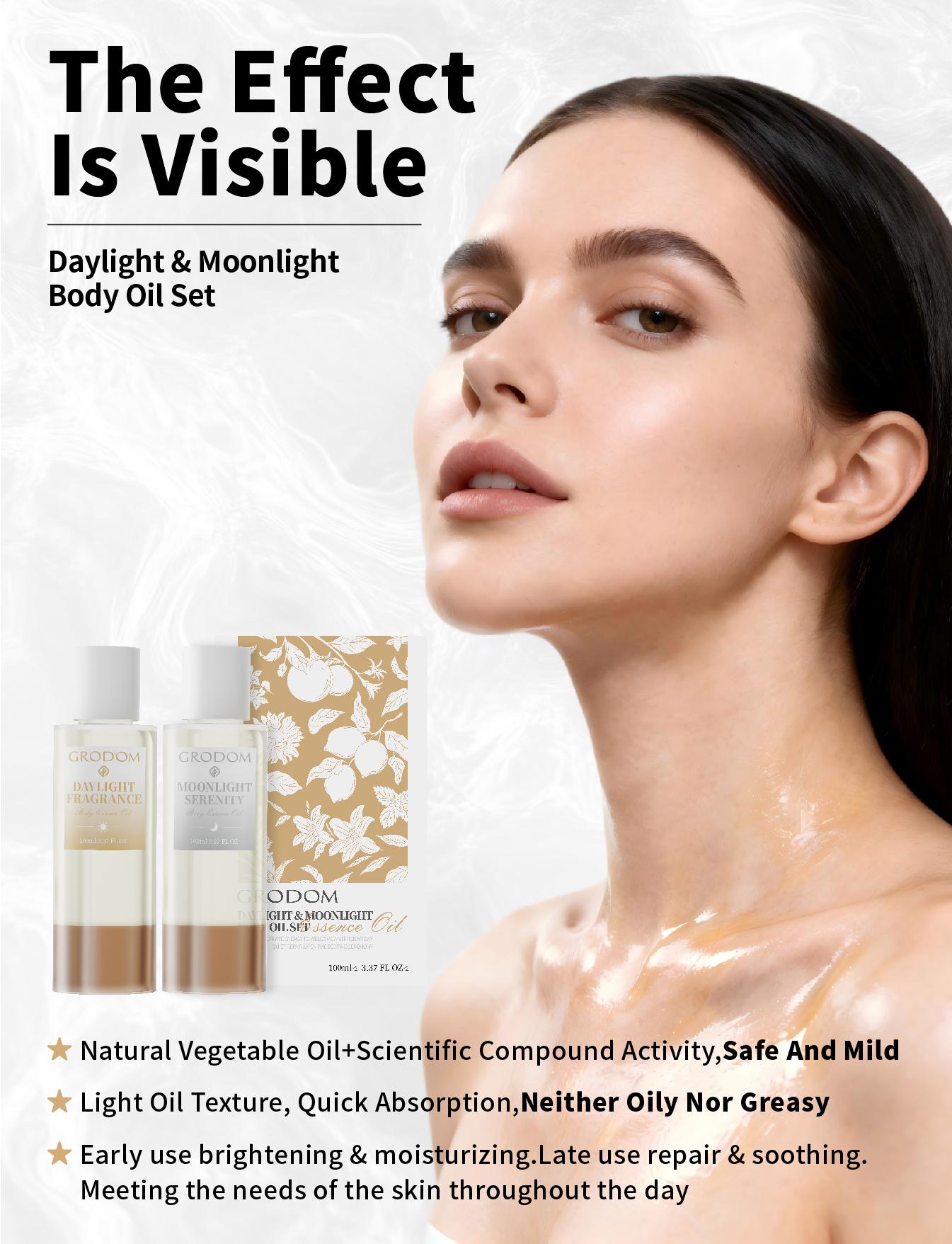 GRODOM Day & Night Body Essence Oil Set Plant-Based Moisturizing Serum for Hydrating Brightening Skin Citrus Daylight Lavender Night Repair Smooth Radiant Skin Care Daily Use 100ml