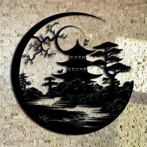 Japanese Metal Torii Artistic Wall Art, Moon Pine Trees Sakura Cherry Scenery, Indoor Outdoor Iron Sculpture, Perfect for Festivals Home Decor Vacation House