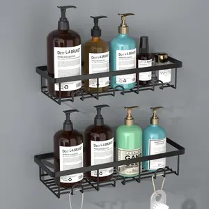 2-Pack Black Waterproof Adhesive Carbon Steel Shower Shelves, Smooth Modern No-Drill Wall-Mounted Bathroom Caddy Organizer for Shampoo, Ideal RV Accessory