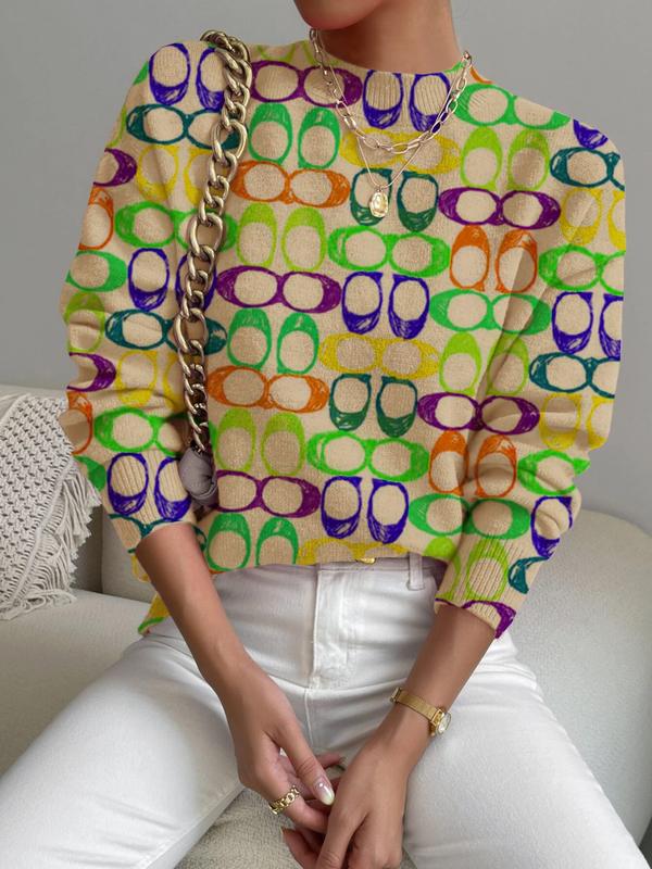 Women's Colorful Geometric Pattern Stand Collar Sweater, Fall Winter Casual Long Sleeve Knitwear, Comfortable Warm Daily Wear