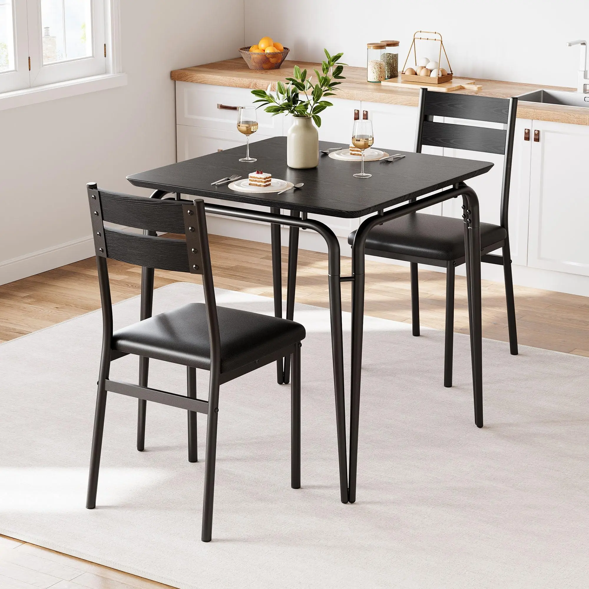 Dining Table for 2, Small Table and Chairs Set of 2, Square Dinette Set for 2, Dinner Table Set, 3 Piece Kitchen & Dining Room Sets for Small Space, Apartment (Dark, Dining Table with 2 Chairs)