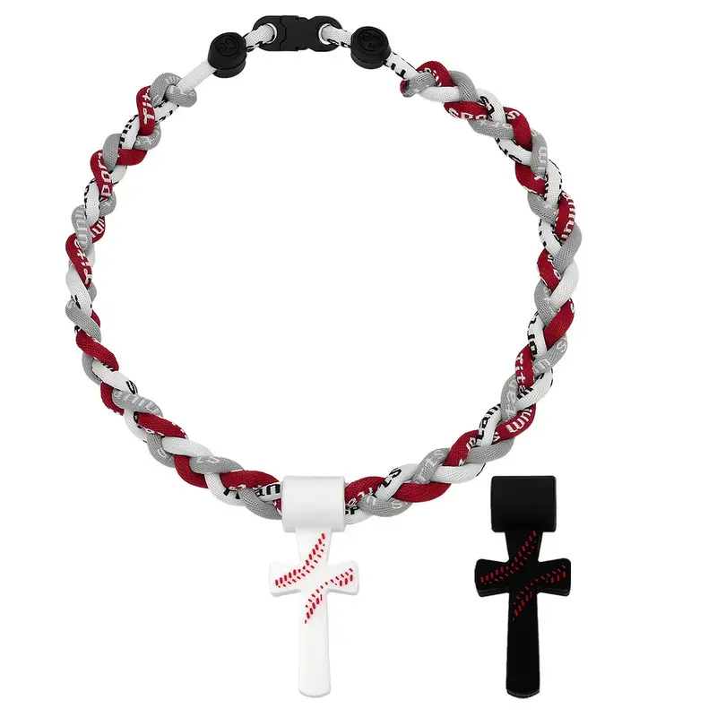 Boys' Sporty Triple-Rope Tornado Baseball Necklace, 8-12 Age Group, Soft Silicone-Braided Structure, Cross Charm Pendant, 18.11 in Length, 2.36 in x 0.97 in Charm, Inspirational "I CAN DO ALL THINGS PHL4:13" White Jewelry, Birthday Gift for Son/Grandson,,