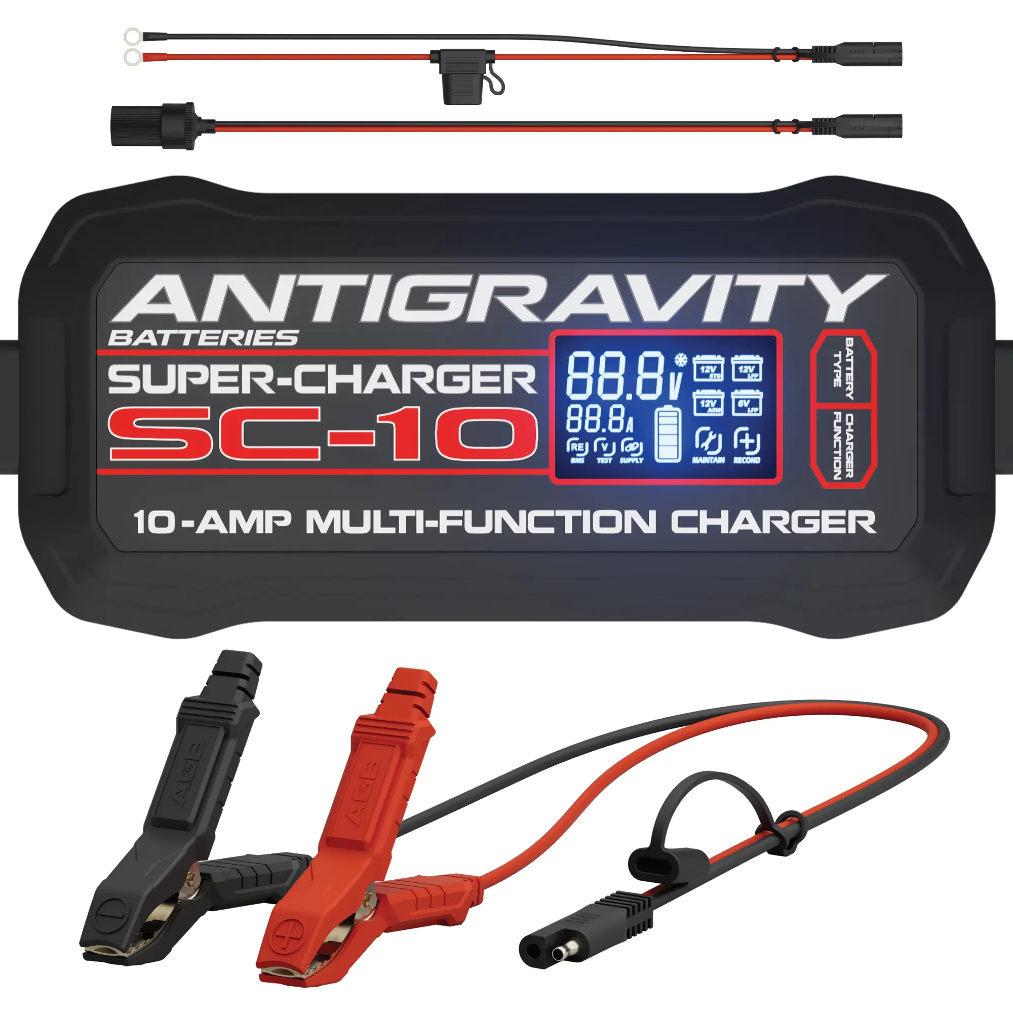 Antigravity SC-10 10-Amp Smart Battery Charger & Maintainer for 6V/12V Lithium LiFePO4 & 12V Lead-Acid Batteries