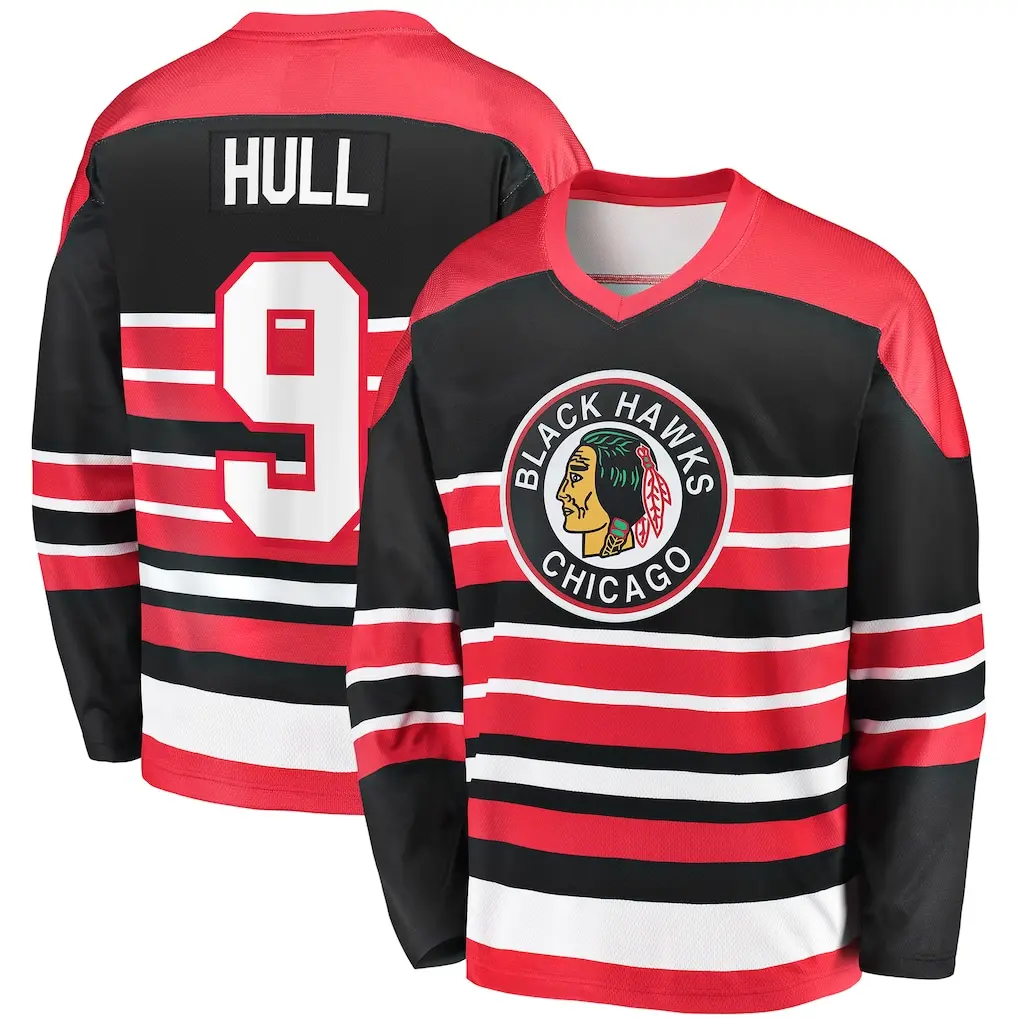 Retro Black Red Ice Hockey Jersey Long Sleeve Streetwear Graphic Print Native Mascot Crest Casual Sports Number 9 V-Neck Oversized Sweater Men Women Activewear Unisex Breathable Game Day Uniform