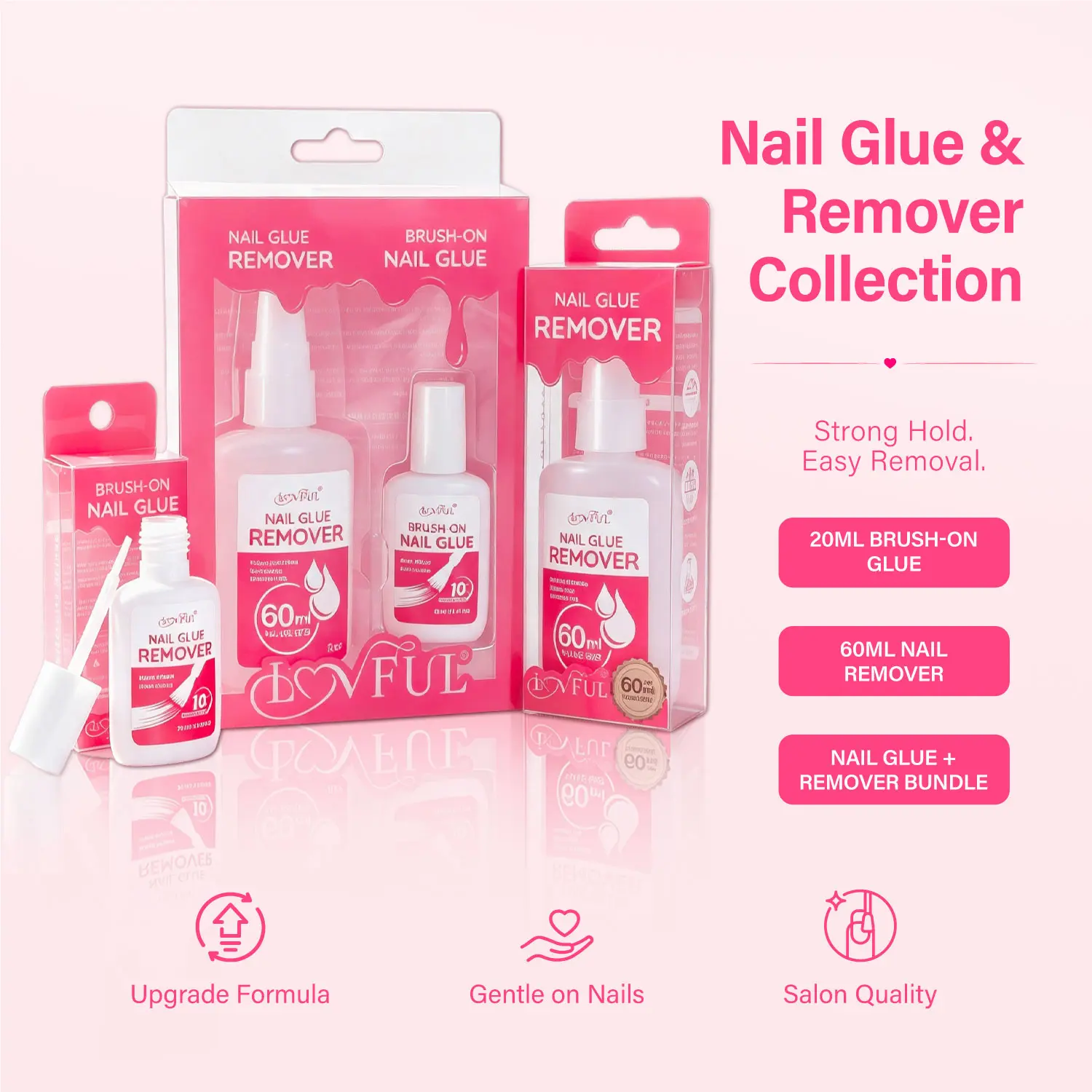 Lovful Press On Nail Glue & Remover Kit, 20ML Brush-On Glue, 60ML Nail Remover, Strong Hold & Easy Removal