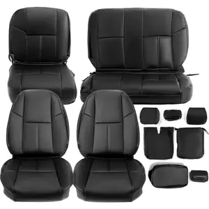 Seat Cover Replacement Compatible with 2007-2014 Chevrolet Silverado 1500 2500 3500 Extended Cab Front & Rear Black Synthetic Leather Full Set Seat Cover