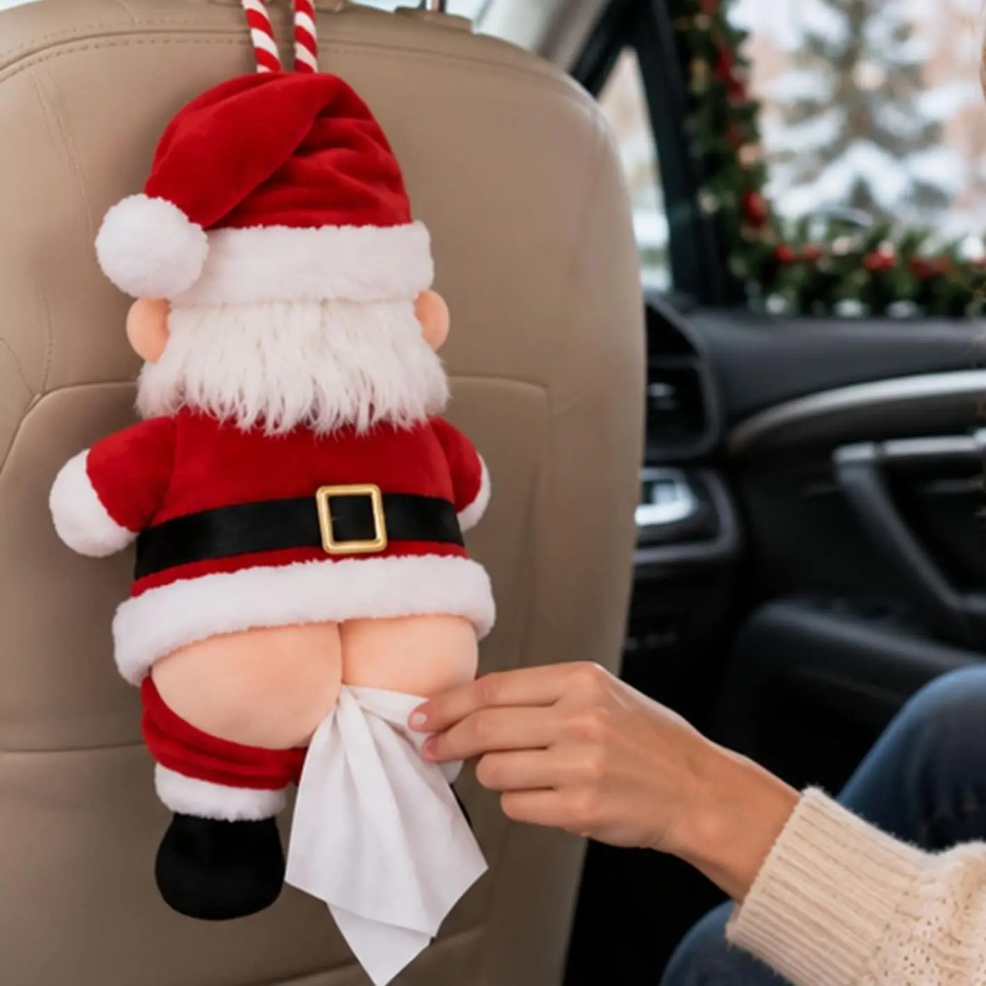 Funny Santa Claus Butt Plush Tissue Box Dispenser Holder for Car Seat Back Headrest, Hanging Interior Decor Accessories for Auto Truck, Novelty Christmas Holiday White Elephant Gag Gift.