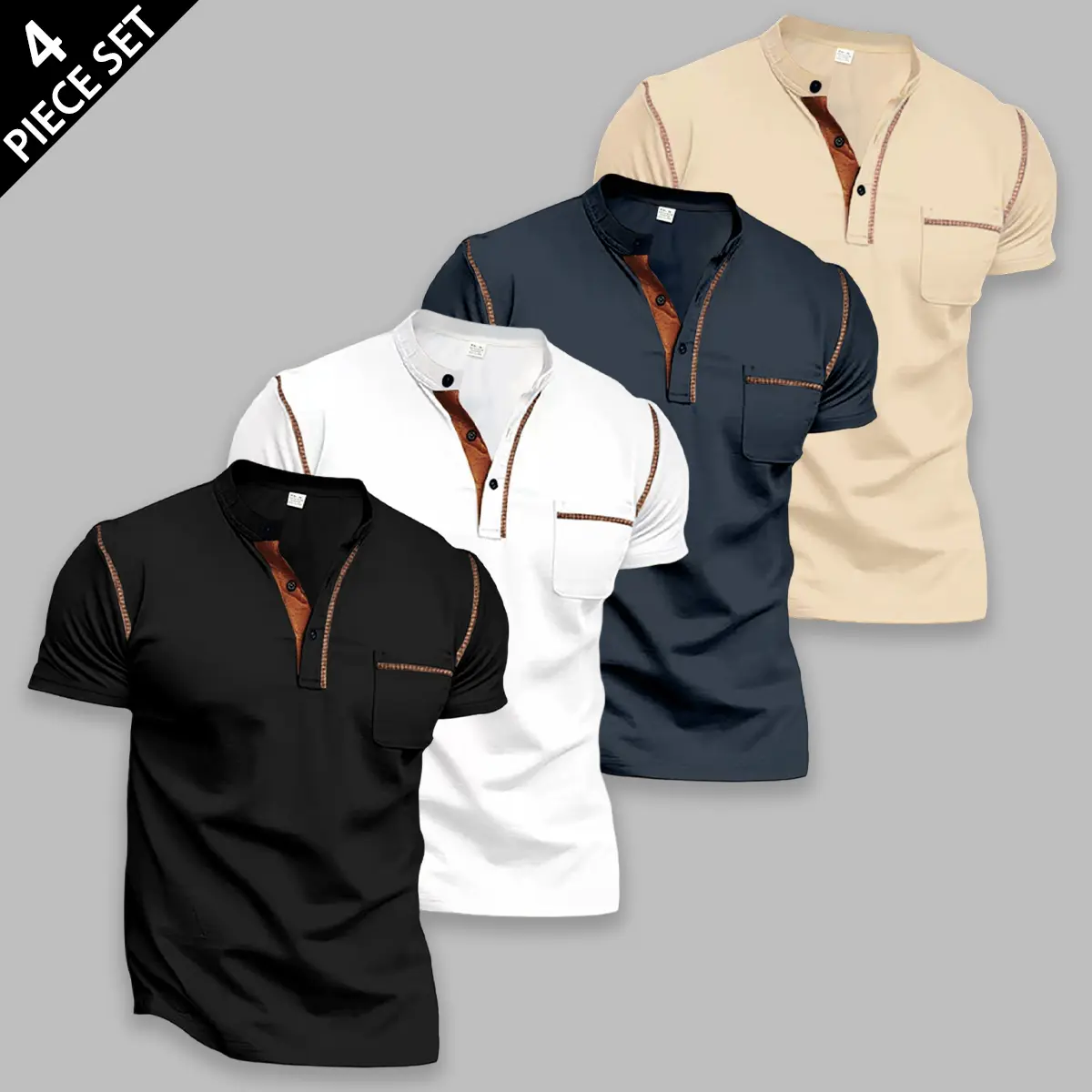 Men's 4-Piece Slim-Fit Short Sleeve Henley T-Shirts Set, Mandarin Collar Tops with Chest Pocket, Contrast-Stitch Sporty Chic Streetwear Ready Smart-Casual Basics for Summer Daily Commute, Breathable Stylish