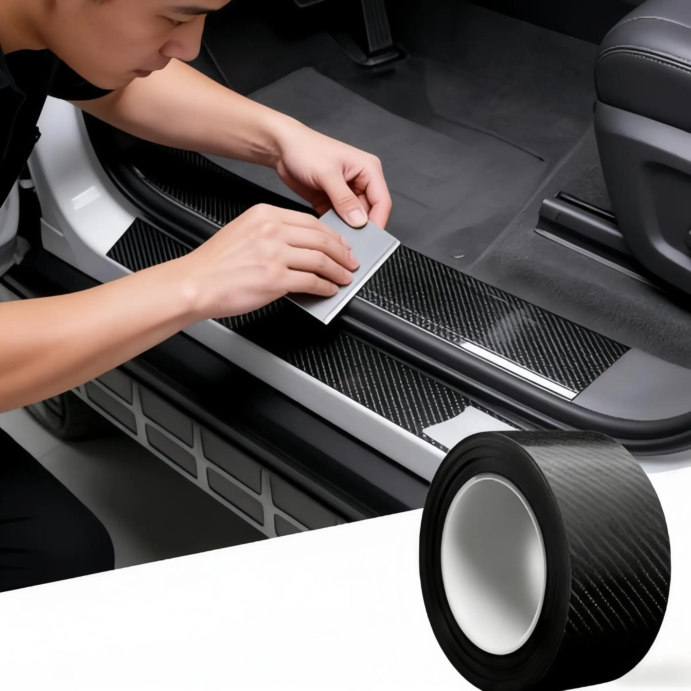 High-Gloss Black Polypropylene Carbon Fiber Textured Car Wrap Vinyl Roll - Self-Adhesive 10.5x0.23 ft Automotive Protective Tape, Bumpers Edge Guard Sticker, Easy Installation, Flexible, Stretchable, Waterproof, Scratch-Resistant for Car Body Decoration