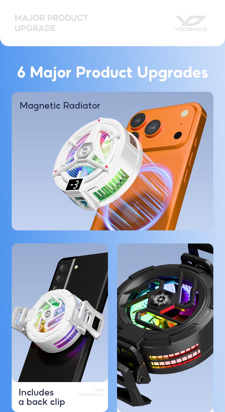 Yodevoe is a portable phone cooler featuring 15W fast cooling and AI intelligent cooling, capable of rapidly reducing phone temperature within 15 seconds. It also offers 100 adjustable cooling modes and three-color ambient lighting effects.