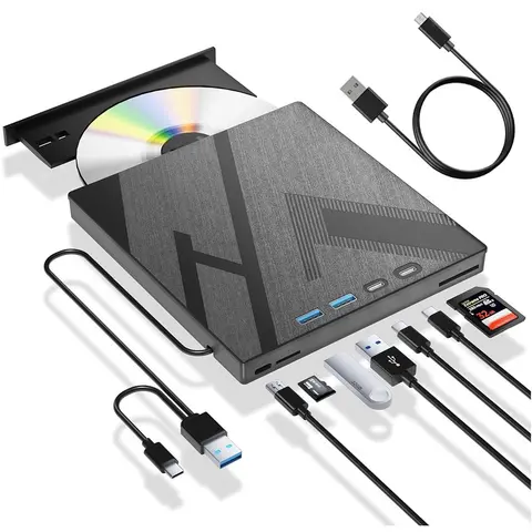 7 in 1 External DVD Drive, Multifunctional Compact Portable External CD/DVD Drive with Type C & USB A Ports & SD/TF Port, CD Burner, DVD Player, Suitable for PC Laptop