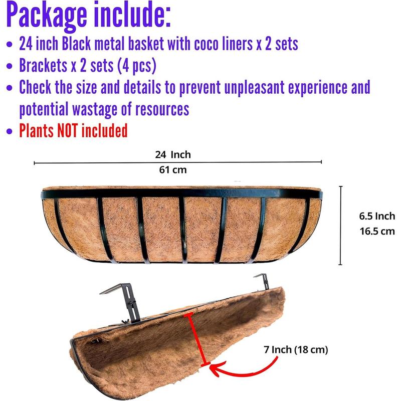 LaLaGreen Railing Planter Box (24 Inch, 2 Pack) Black Metal Rectangular Hanging Planters with Coco Liner, Flower Boxes Brackets for Deck Railings Outdoor Plants Over Rail Fence Balcony Patio Porch