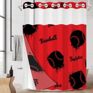 1pc hookless shower curtain with buckle lining, red and black baseball pattern design, 2D flat printing, fabric waterproof lining, see-through double-layer shower curtain, 71 x 74 inches, modern home draping curtain.