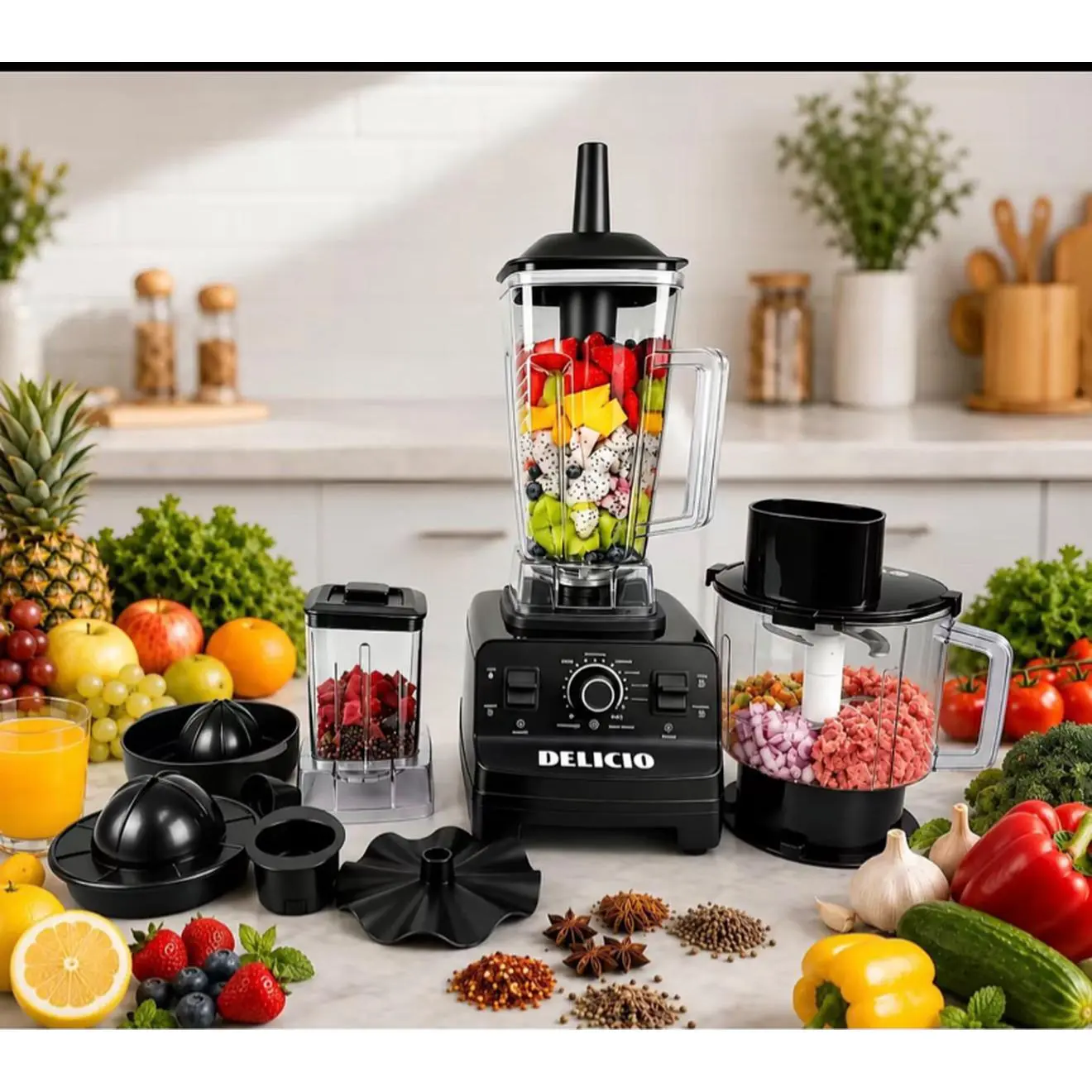 Delicio Blender & Food Processor Combo with Juice Extractor and Accessories for Easy Cooking and Meal Prep