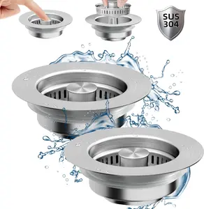Kitchen Sink Drain Strainer - Stainless Steel Sink Stopper 3-in-1 Pop-Up Sink Strainer with Anti-Clogging Basket Odor Filter Sink Drain Cover Plug for US Standard 3-1/2 Inch Drain