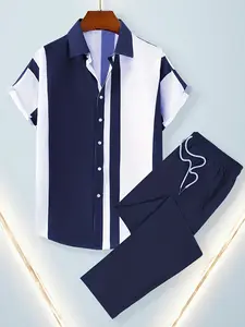 Men's Summer Casual Short Sleeve Shirt and Pant Set - Brown and White for Family or Leisure Activities, 100% Polyester Clothes Menswear