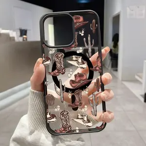 Magnetic Cellphone Casing for iPhone 16, 15 Pro Max, 14 Plus, 13, 12, 11 - Western Cowboy Pattern TPU Shockproof Anti-Scratch Stylish Cover for Handheld Devices, Mobile Phone Accessories
