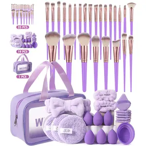 45Pcs Lavender Purple Handle All-In-1 Makeup Tool Kit for Beginners - 25Pcs Rose Gold Soft Vegan Brushes, Latex-Free Multi-Size Beauty Eggs, Flocking Puffs, Silicone Cleaner Bowl, Plush Headband, Waterproof Portable Washbag