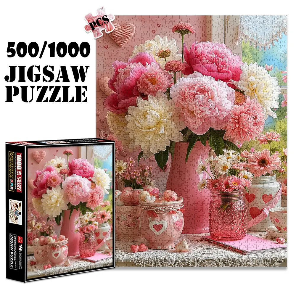 1pc 1000 piece adult puzzle 70x50cm Pink Vase with Peonies and Assorted Flowers, Heart - themed Decor Items 500 pieces paper jigsaw puzzle suitable for DIY creative games for adults and families, Art Puzzles