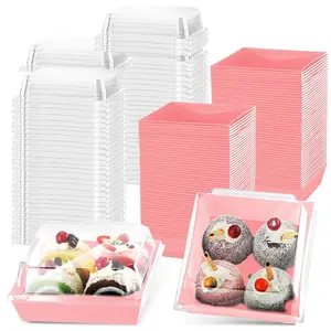100 Pack Charcuterie Boxes with Clear  Valentine  5 Inch Cookie Boxes Disposable Cake Case Paper Square Cookie Containers Dessert for Sandwich Slice Cake Hot Cocoa Bombs Strawberries()