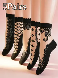 5 Pairs of Women's Acrylic Crystal Silk Floral Socks, Breathable and Soft Mid-Calf Stockings, Perfect for Everyday Comfort in