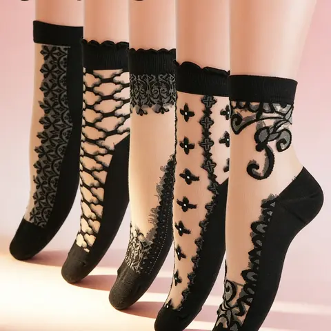5 Pairs of Women's Acrylic Crystal Silk Socks, Breathable and Soft Casual Mid-Calf Stockings, Perfect for Everyday Comfort in Elegance