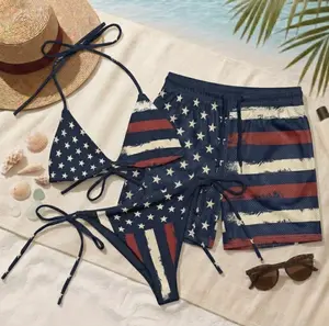 [Summer Deals] American Flag Matching Set, Patriotic Bikini & Men’s Swim Trunks Set, USA Flag Swimwear Couple Outfit, 4th of July Beachwear Set