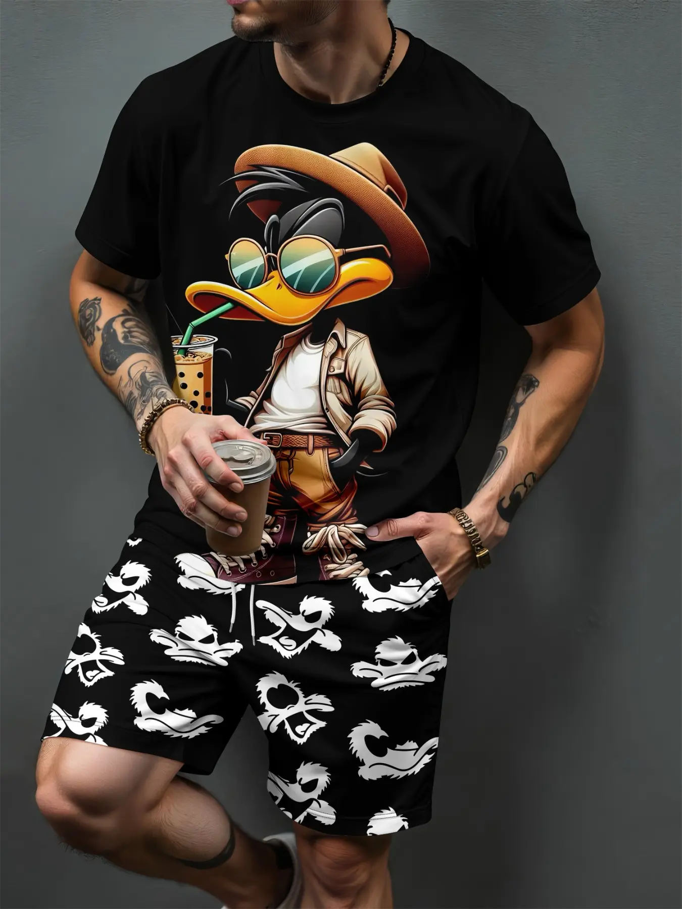 Men's Casual Tracksuit with Cool Duck Print, Cartoon Duck Short Sleeve T-Shirt & Duck Head Pattern Drawstring Shorts 2-Piece Set, Streetwear Summer Outfit