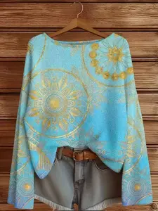 Women's Floral Geometric Print Top, Elegant Loose-Fit Shirt for Spring & Fall, Breathable Fashion Sweater, Soft Material