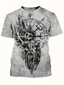 Men's Summer Breathable Mesh Fitted Tee, Viking Norse Myth Graphic Print, Lightweight Round Neck Short Sleeve Top, Ideal for Fitness & Outdoor Activities