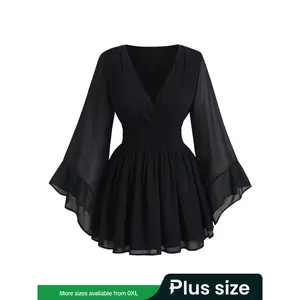 Plus Size Women’s Fashion V-Neck Ruched Waist A-Line Slim Fit Flounce Long Sleeve Top Bohemian Style Chic Summer Casual Wear Womenswear