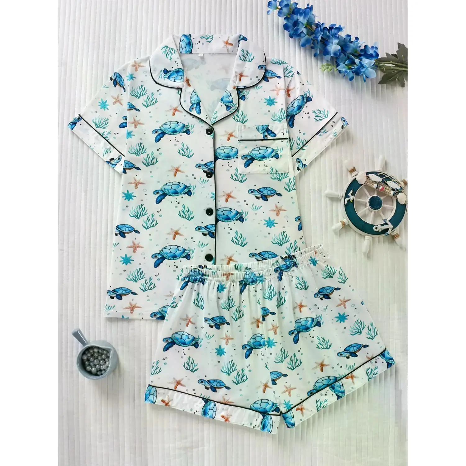 Women's Sea Turtle & Ocean-Inspired Print Pajama Set, Casual Fitted Short Sleeve Top & Relaxed Shorts, All-Season Comfortable Sleepwear