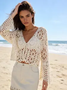 Sexy Hand Hook Knit Swimsuit Cover-Up, Transparent Mesh Beach Top, Ripped Denim Shorts, Perfect for Beach Vacation, Crochet Swimsuit Cover, Crochet Coverups, Swimsuit Coverup