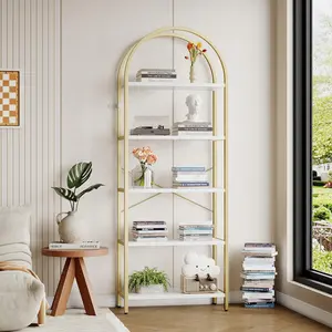 5-Tier Arched Bookshelf, 71" Industrial Open Bookcase with Metal Frame, Modern Freestanding Display Rack Storage Shelves, Tall Shelving Unit for Living Room Bedroom Home Office, Gold+White