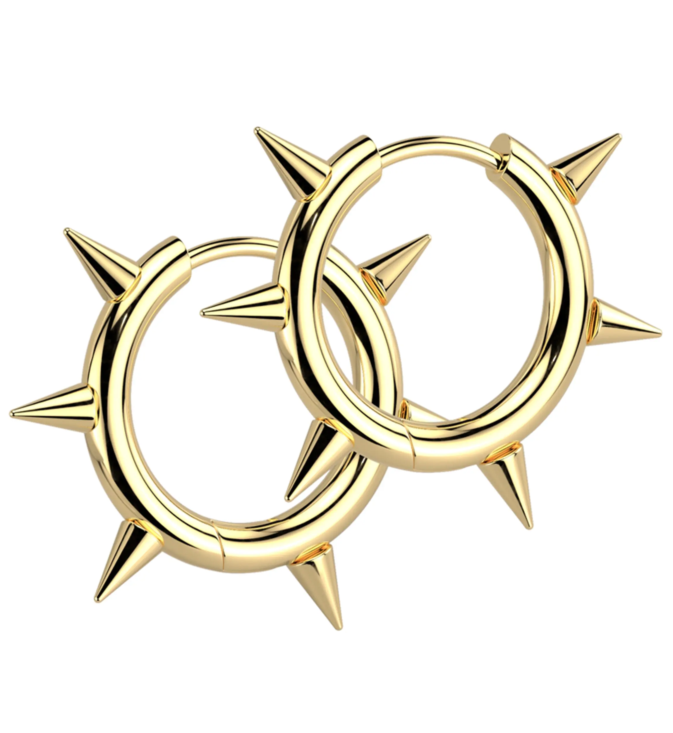 Gold PVD Spikes Stainless Steel Hinged Hoop Huggie Earrings