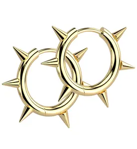 Gold PVD Spikes Stainless Steel Hinged Hoop Huggie Earrings